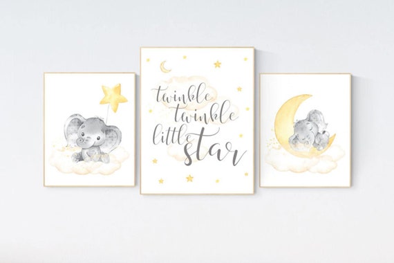 Yellow nursery wall art, nursery wall art elephant, moon and stars, gender neutral, yellow and gray nursery art, baby room decor, neutral