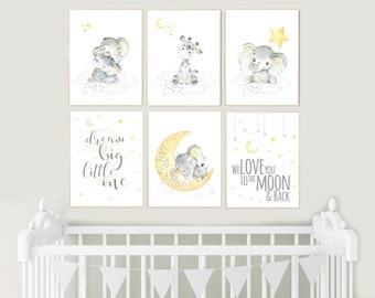 Elephant Giraffe Nursery Prints: Yellow Gray Gender Neutral Wall Art