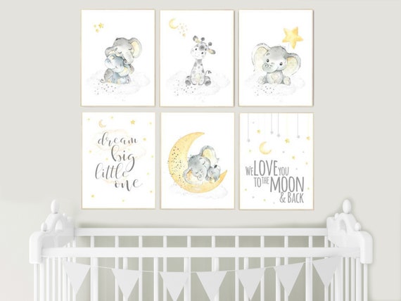 Yellow gray, yellow grey, gender neutral nursery wall art, giraffe, nursery decor elephant, gender neutral nursery ideas, twin nursery