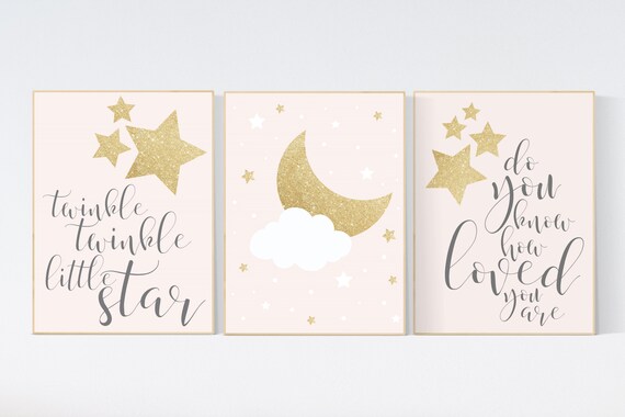 Pink gold nursery art, blush pink nursery decor, blush pink and gold, girls room wall decor, twinkle twinkle little star