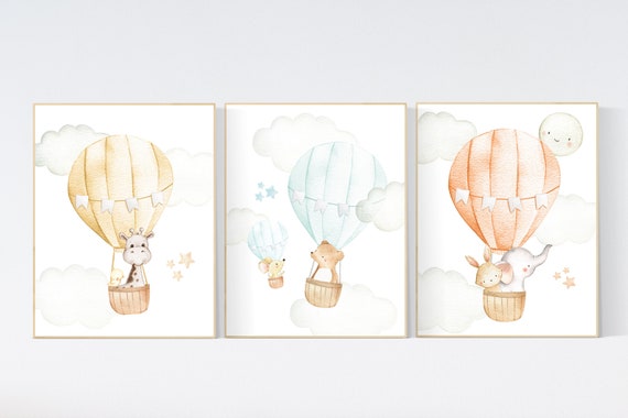 Hot air balloon nursery, Animal Nursery, gender neutral, nursery wall art, animal prints, travel theme, adventure theme, woodland animals