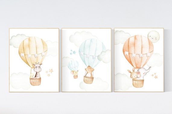 Nursery decor animals, hot air balloon, gender neutral, nursery decor, animal nursery, neutral, unisex, elephant giraffe, bear, nursery art