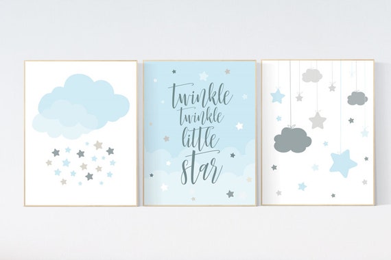 Blue gray nursery, Twinkle Twinkle Little Star, Baby boy nursery decor, moon nursery art, boys room wall art, baby room prints, set of 3