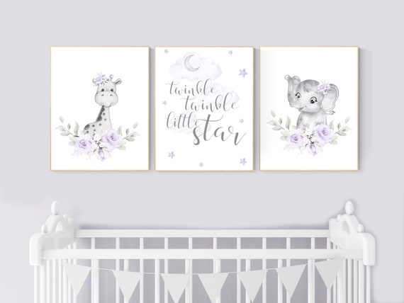 Nursery decor girl boho, Purple nursery, giraffe, elephant, Floral jungle animals, lavender, flower nursery prints, lilac, animal prints