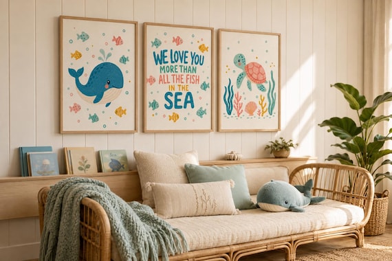 Coastal Nursery Wall Art Set, Whale Turtle Fish Prints, Under the Sea Decor