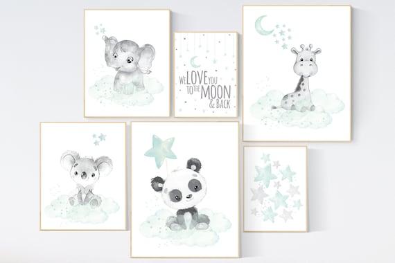 Nursery decor mint, mint green nursery, elephant, giraffe, panda, koala, we love you to the moon and back, gender neutral nursery, cloud