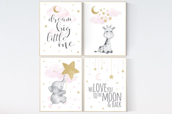 Pink and gold nursery, animal prints, elephant, giraffe, Nursery decor girl, we love you to the moon and back, moon, cloud and stars