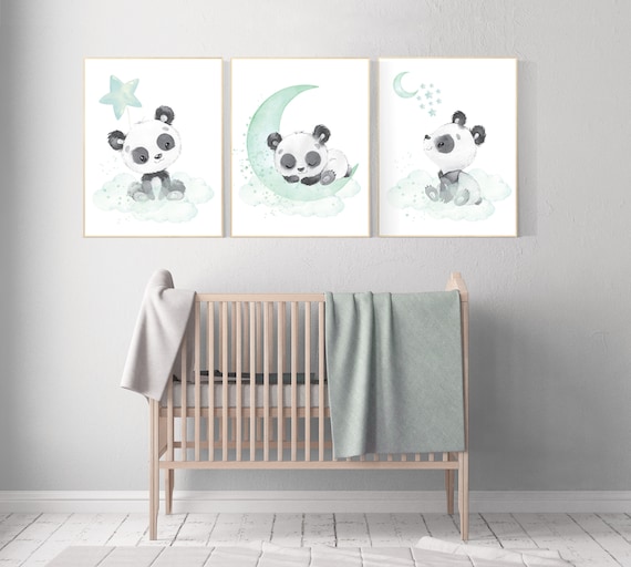 Panda nursery, mint nursery decor, gender neutral prints, mint nursery wall art, panda prints, animal nursery wall art, neutral nursery