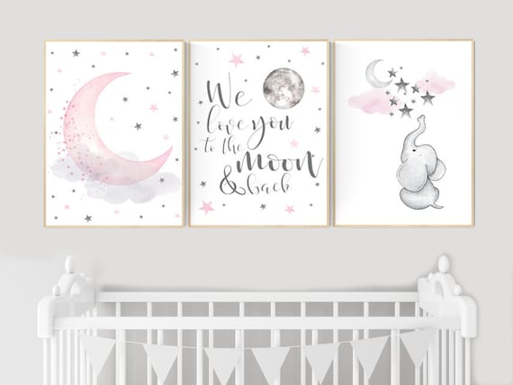 Nursery decor girl pink and gray, elephant nursery, we love you to the moon and back, cloud, moon and stars, pink grey nursery, girl nursery