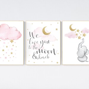 Pink and gold nursery, Nursery wall art girl elephant, we love you to the moon and back, pink nursery art, cloud and stars, baby room decor