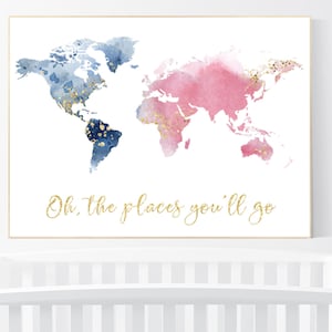 Nursery decor pink navy gold, girl room decor, world map print nursery, world map print watercolor, nursery wall art, navy blue, pink, gold