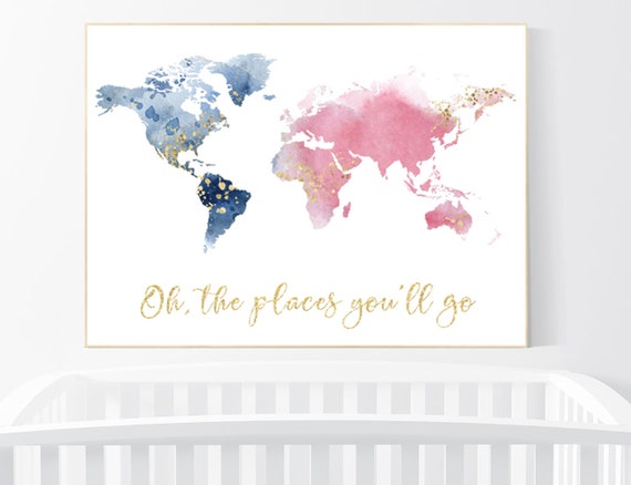 Nursery decor pink navy gold, girl room decor, world map print nursery, world map print watercolor, nursery wall art, navy blue, pink, gold