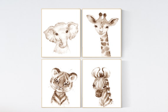 Nursery wall art animals, gray nursery, gender neutral nursery, neutral nursery, baby room decor, elephant, giraffe, animal prints