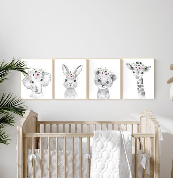 Purple nursery, girl nursery, animal nursery, Safari animals, Floral Nursery Prints, purple nursery, girls nursery decor, elephant nursery