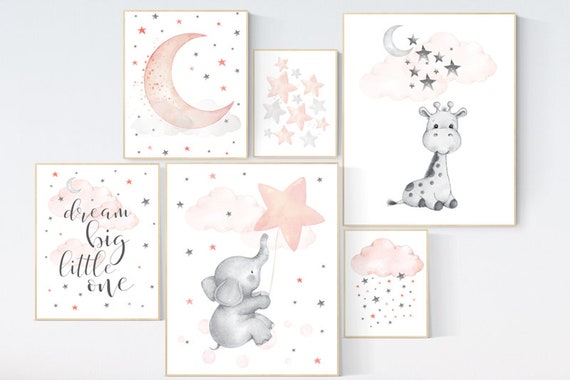 Nursery decor girl coral, nursery decor Elephant, giraffe nursery print, nurser decor girl, coral nursery, twin nursery, star nursery, moon