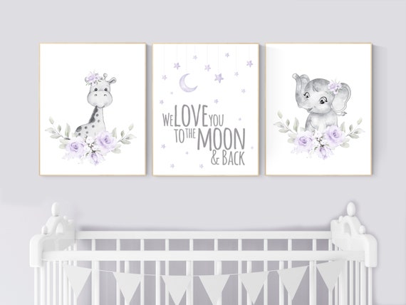 Floral nursery, giraffe, elephant, boho nursery art, Purple nursery, jungle animals, lavender, flower nursery prints, lilac, animal prints