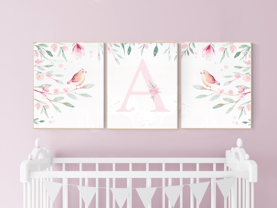 Baby Girl Wall Decor, Girl Nursery Decor, Bird Nursery Wall Art, Floral