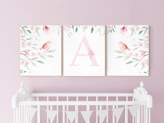 Baby girl wall decor, Girl nursery decor, bird nursery wall art, floral nursery, flower nursery, Baby Girl Nursery Wall Decor, Bird Theme