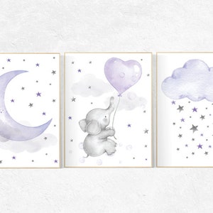 Elephant nursery, Nursery decor girl purple, nursery decor girl lavender and gray, lilac nursery, purple nursery, cloud, moon and stars