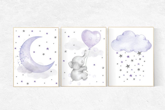 Elephant nursery, Nursery decor girl purple, nursery decor girl lavender and gray, lilac nursery, purple nursery, cloud, moon and stars