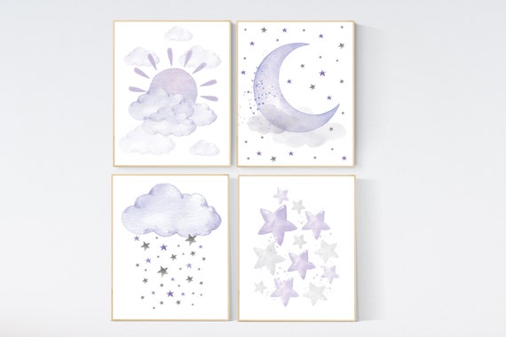 Nursery prints rainbow, Nursery decor girl purple, lilac nursery, nursery wall art girl, moon star, cloud, sun nursery, lavender, lilac