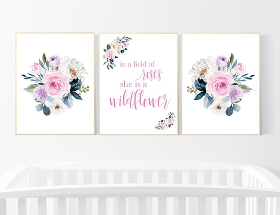 Purple pink flower nursery decor, Nursery decor girl pink purple, in a field of roses she is a wildflower, lavender nursery, lilac nursery