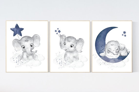 Navy nursery decor, moon and stars, navy blue nursery art. baby room wall art, boy nursery decor, set of 3, nursery prints boy, elephant art