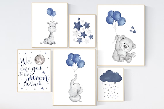 Nursery decor boy animals, navy nursery, elephant, bear, giraffe, nursery wall art boy, navy blue, moon, cloud and stars, balloon, animals