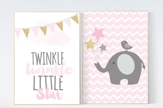 Twinkle Twinkle Little Star, Elephant nursery decor, pink gold nursery, Baby girl nursery decor, girls room wall art baby girl nursery girls