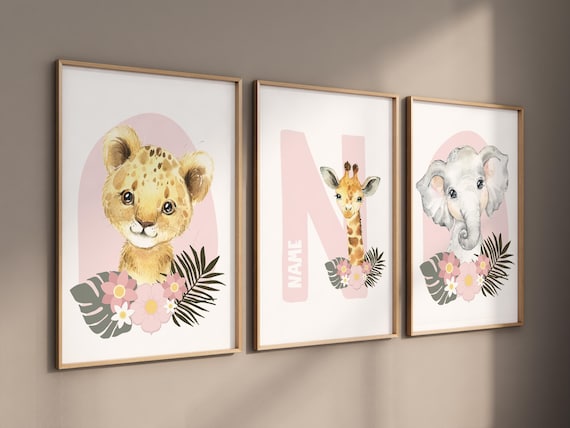 Safari Animals, girl nursery, Animals Prints, Woodland Nursery Decor, Safari Nursery Wall Art, floral animal prints, Pink Safari Animals