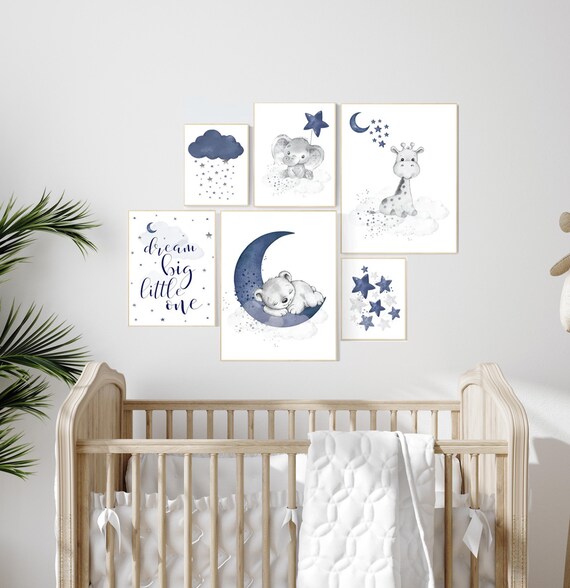 Nursery decor boy baby bear, elephant, giraffe, boy nursery decor, moon and stars, navy nursery, boy nursery wall art, dream big little one