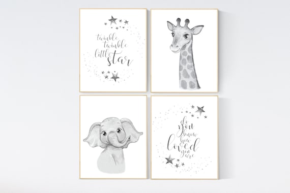 Twinkle twinkle little star, safari animals, Nursery decor neutral, grey nursery, gender neutral, gray nursery, elephant nursery, giraffe