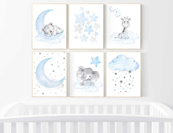 Animal nursery prints, Nursery decor boy elephant, giraffe, bear, Blue and grey, nursery wall art boy, animal nursery ideas, baby room art