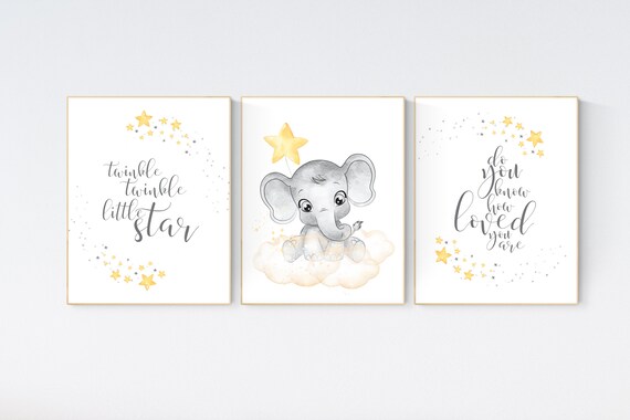Nursery decor neutral, Yellow nursery, nursery wall art elephant, moon, stars, gender neutral, yellow and gray nursery art, baby room art