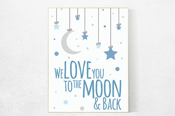 We love you to the moon and back, moon and stars, baby boy nursery, navy nursery decor, moon and back, nursery decor, nursery wall art