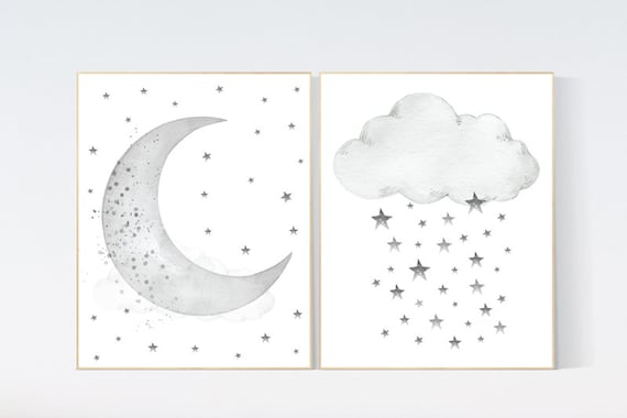 Grey nursery decor, gray nursery decor, moon and cloud nursery decor, grey, moon and stars nursery, gender neutral nursery wall art