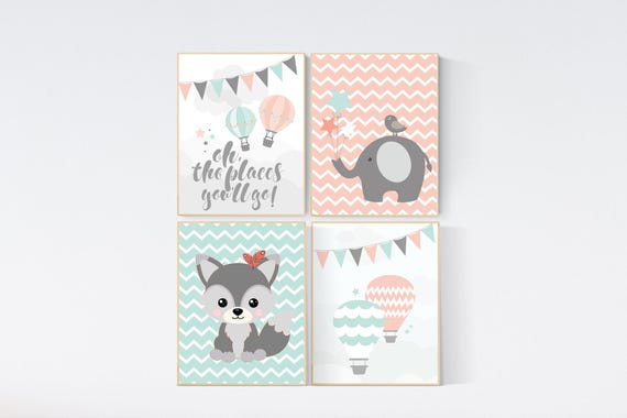 Coral teal nursery, Oh the places you'll go, coral teal nursery, nursery decor girls, baby room decor, set of 4, fox nursery