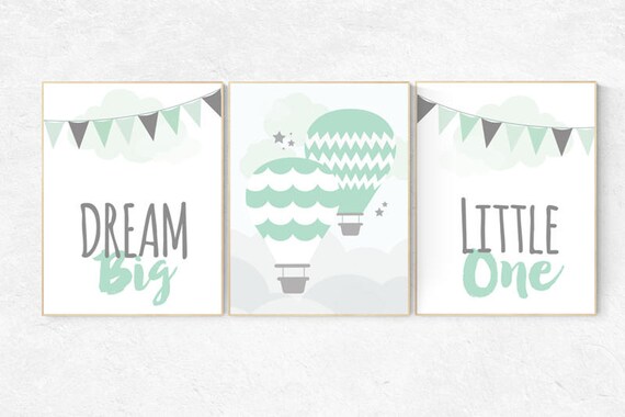 Dream Big Little One, gender neutral nursery, mint grey, hot air balloon Nursery, Nursery Decor, mint gray, gender neutral baby shower