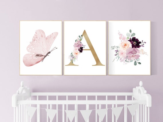 Nursery decor girl purple, mauve, Burgundy, floral nursery, flower nursery, butterfly, nursery prints girl, nursery wall decor girl, flower