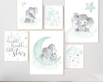 Mint Elephant Nursery Prints: Gender Neutral Baby Room Decor