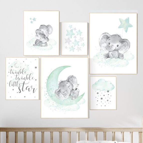 Nursery decor mint, mint green nursery, elephant nursery, twinkle twinkle little star, gender neutral nursery, animal prints, moon clouds