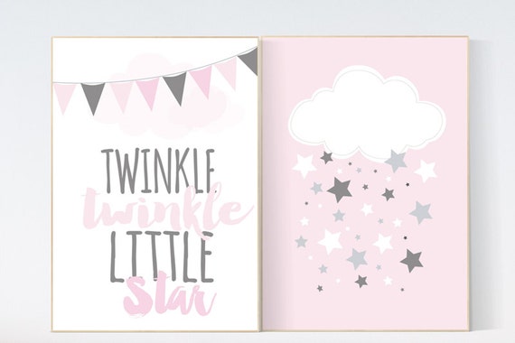 Twinkle Twinkle Little Star, Baby girl nursery decor, pink nursery decor, girls room wall art, baby room prints, pink prints, cloud nursery