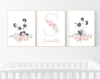 Panda Nursery Print: Blush Pink Floral Girl Room Decor
