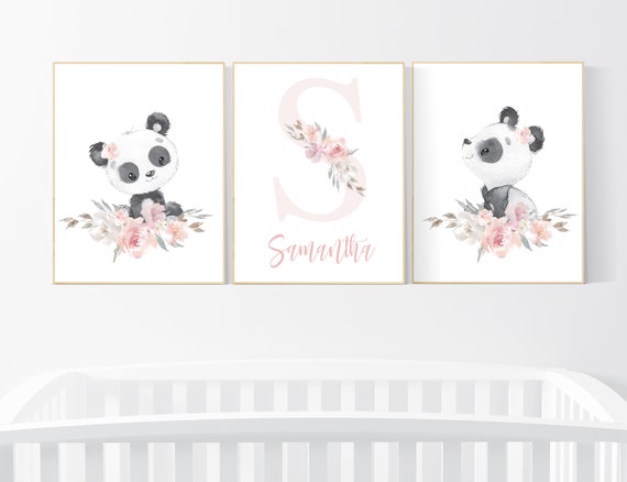 Nursery decor girl, panda nursery, blush pink and gray nursery wall art, floral nursery, nursery decor animal, girl nursery wall decor