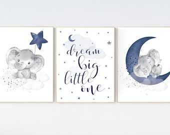 Elephant Nursery Decor: Navy Moon & Stars Art Print
