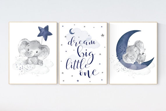 Nursery decor elephant, navy nursery decor, dream big little one, moon and stars, navy blue nursery art. baby room art, elephant nursery