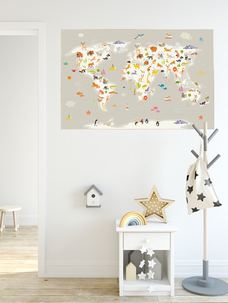Nursery World Map Animal World Map Animal Map Nursery Etsy