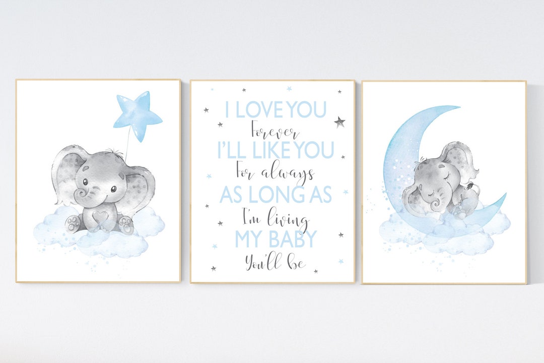 HNNXAR Nursery Wall Art Set Of 3 - Blue Elephant Canvas Prints, 16x24 Inches, Wrapped Canvas For Baby Boy Room