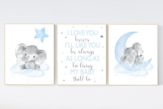 Nursery decor boy, nursery wall art elephant, baby blue nursery decor, moon and stars,  blue nursery art, baby room art, elephant nursery