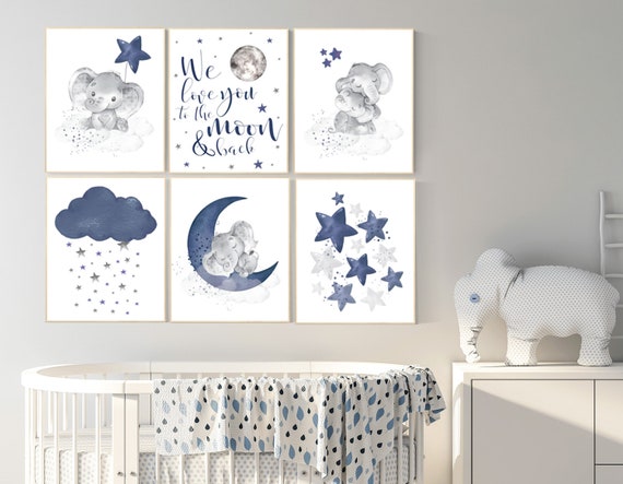 Navy blue nursery wall art, Nursery decor boy elephant, nursery wall art boy, moon and stars, we love you to the moon and back, navy room